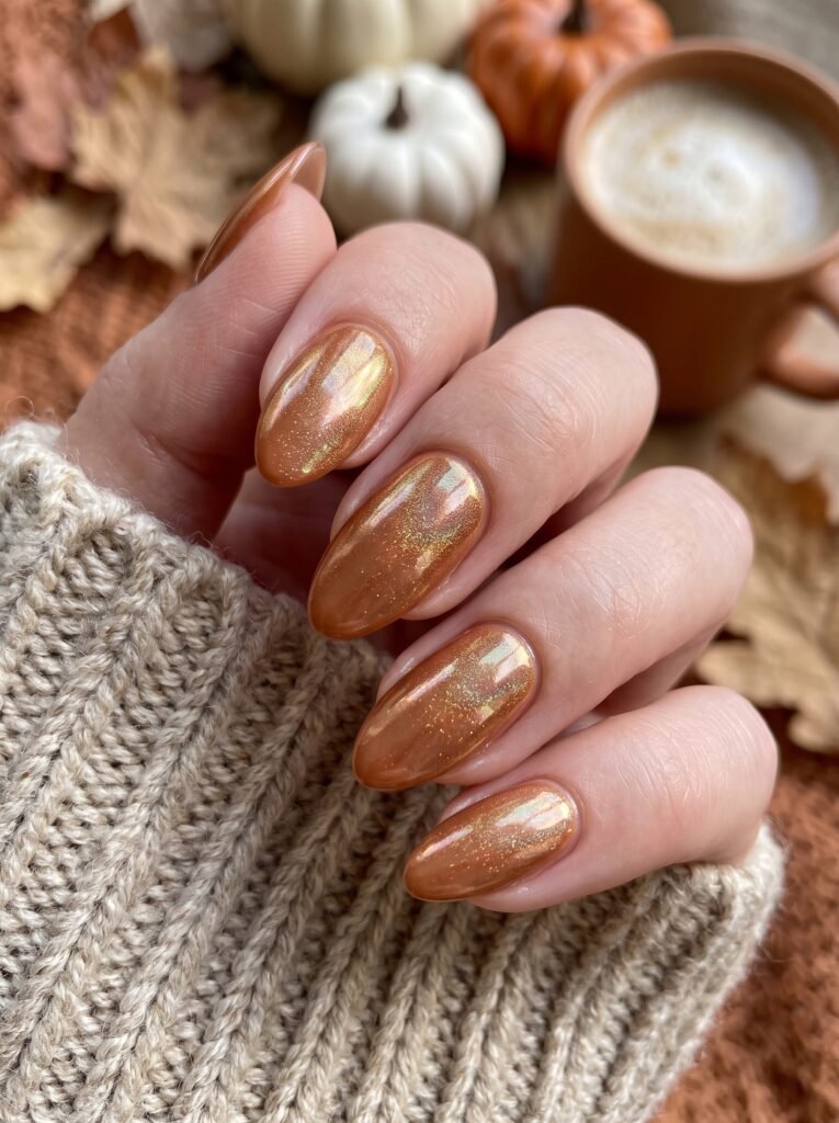 Glazed spiced caramel chrome finish creating multidimensional fall nail designs 2026 at NailàCarte.