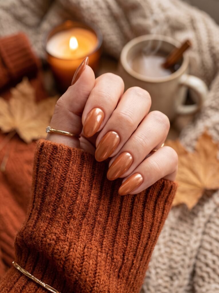 Glazed spiced caramel chrome finish creating luminous warm nail fall colors at NailàCarte.