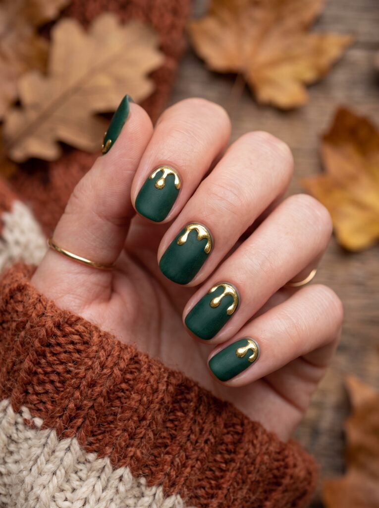 Velvet matte forest green base with 3D liquid molten gold accents for september nail colors streeterville.
