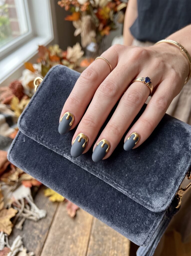 Velvet matte forest green base with 3D liquid molten gold accents for good fall nail colors streeterville at NailàCarte.