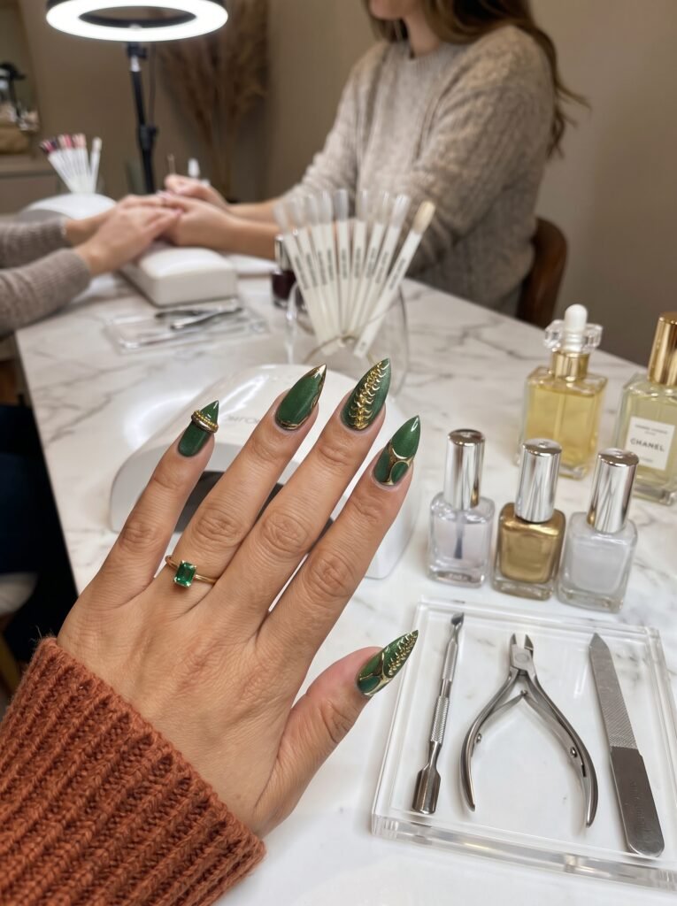Velvet forest green cat-eye gel polish featuring rich dimensional nail colors for fall 2026.