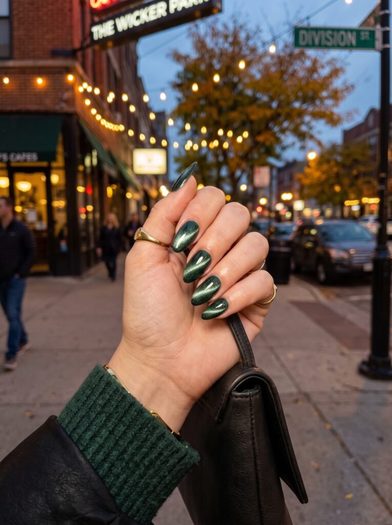 Velvet magnetic pine green cat-eye gel polish highlighting dynamic chic fall nail designs Wicker Park.