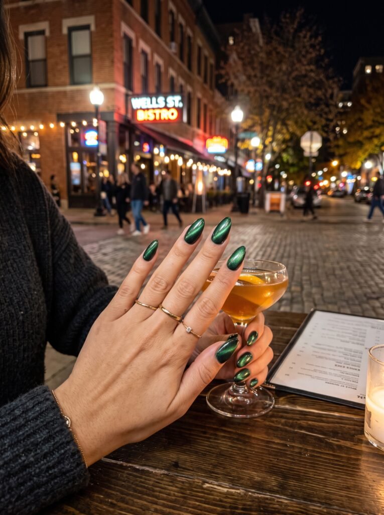 Velvet pine green magnetic cat-eye gel manicure highlighting dynamic september nail ideas river north at NailàCarte.