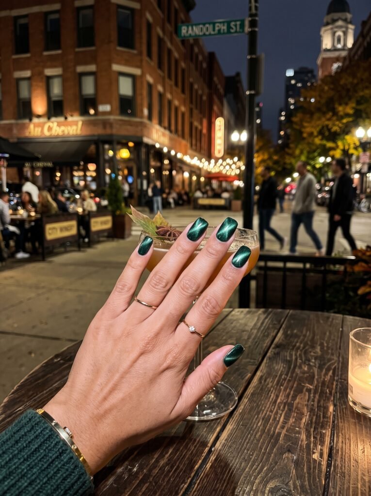 Velvet magnetic pine green cat-eye gel polish showcasing dynamic nail fall colors at NailàCarte