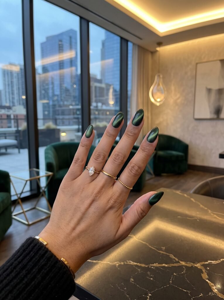 Velvet forest green magnetic cat-eye gel polish featuring dynamic classy fall nails River North.