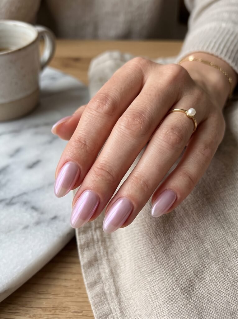 Sheer ghost rose chrome pearl glaze manicure featuring subtle chic fall nail designs Wicker Park at NailàCarte.