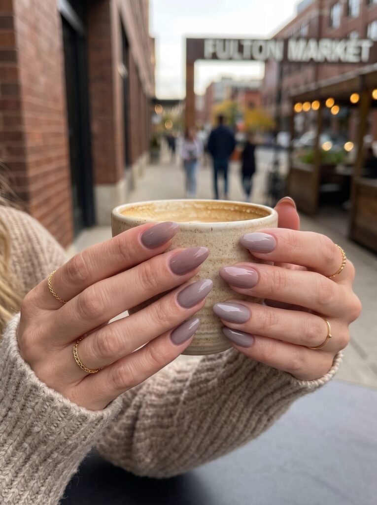 Translucent ghost rose and muted mauve manicure showcasing fall nail colors west loop at NailàCarte.