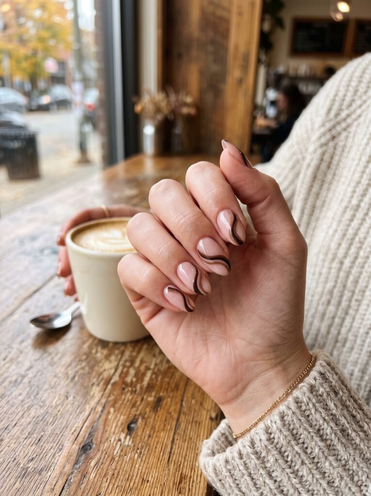 Dark cacao and mocha fluid swirl lines on blush base showcasing minimalist fall nail art Wicker Park.