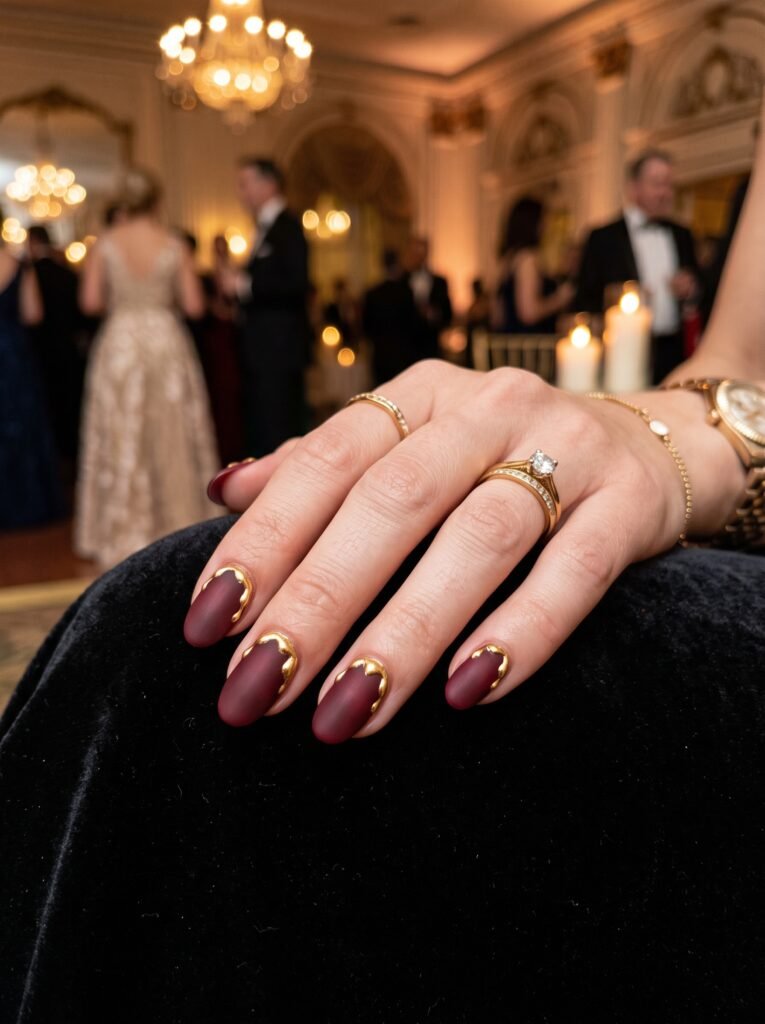 Velvet matte oxblood burgundy base with 3D liquid molten gold accents for burgundy fall nails Gold Coast.