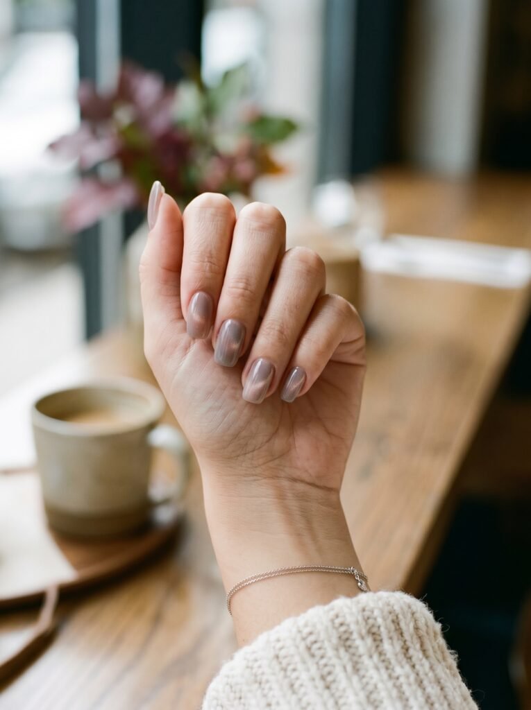 Soft muted mauve and ghost rose BIAB overlay featuring september nail ideas river north at NailàCarte.