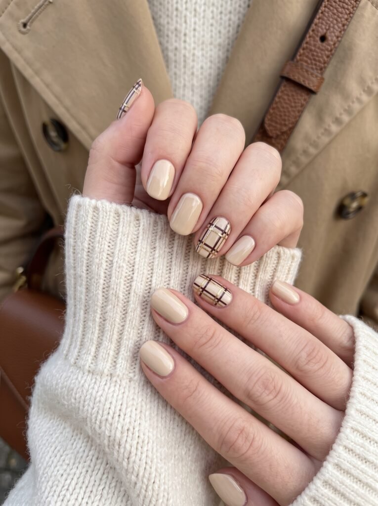 Hand-painted Burberry plaid and tartan accent nail art featuring good fall nail colors streeterville at NailàCarte.