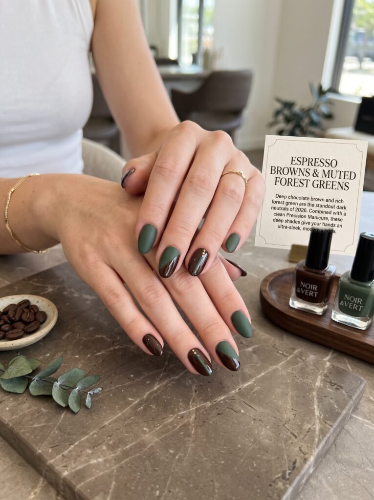 Sleek dark espresso brown and muted forest green fall manicures at NailàCarte Gold Coast.