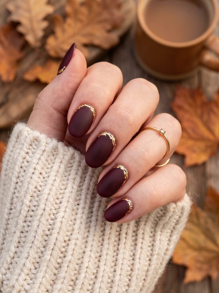 Rich matte oxblood polish with gold leaf cuticle accents showcasing cozy burgundy fall nails West Loop.