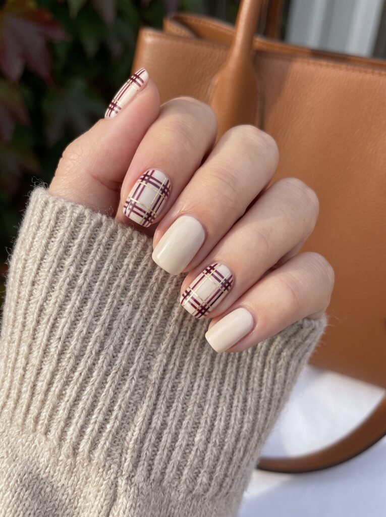 Hand-painted burgundy wine Burberry plaid and tartan accent nail art for burgundy fall nails Gold Coast.