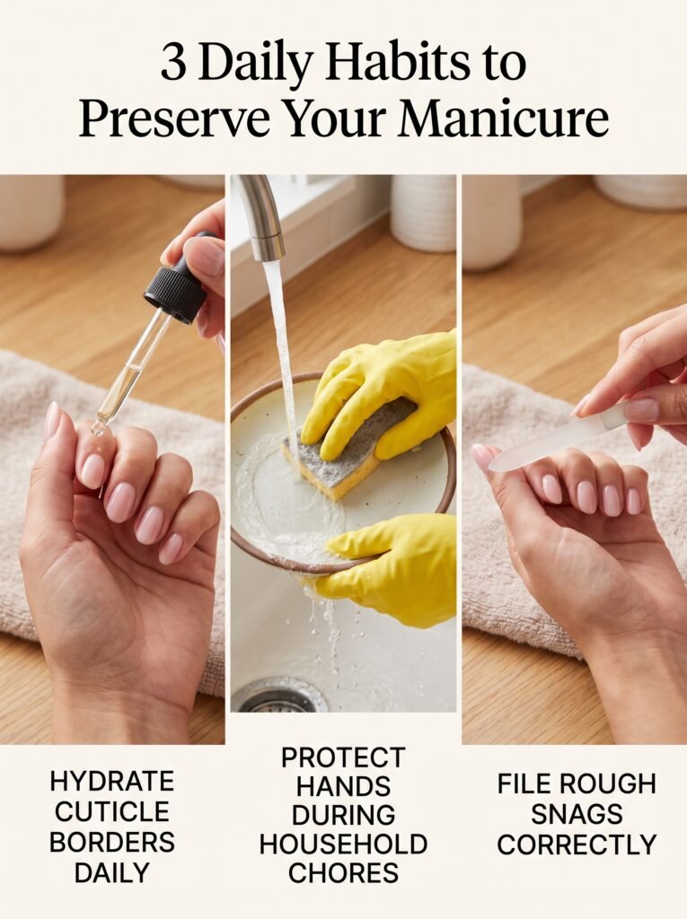 Daily cuticle oil application to preserve manicures from the best nail salon in gold coast.