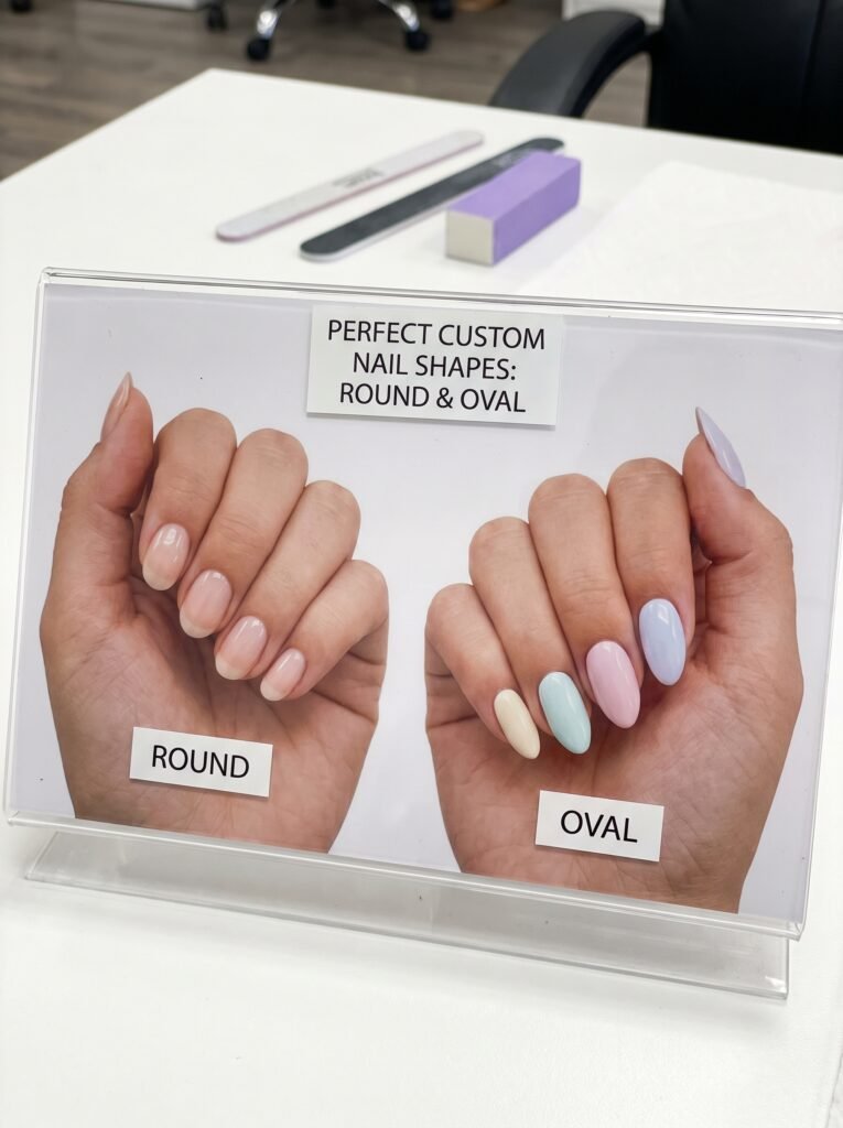 Elegant oval and round custom nail shapes enhancing natural fingers at NailàCarte.