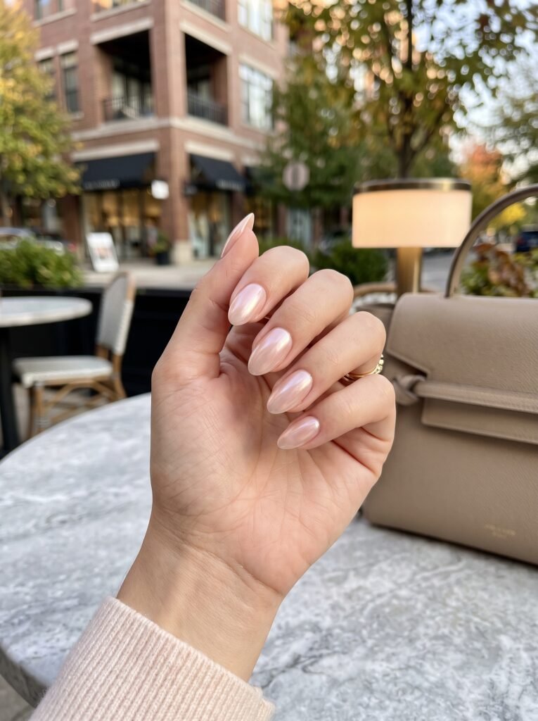 Sheer chrome pearl glaze manicure showcasing luminous september nail ideas river north at NailàCarte.