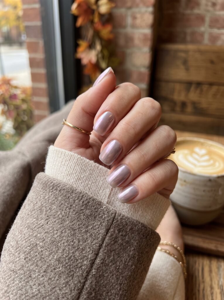 Sheer ghost rose chrome pearl finish highlighting subtle classy fall nails River North at NailàCarte.