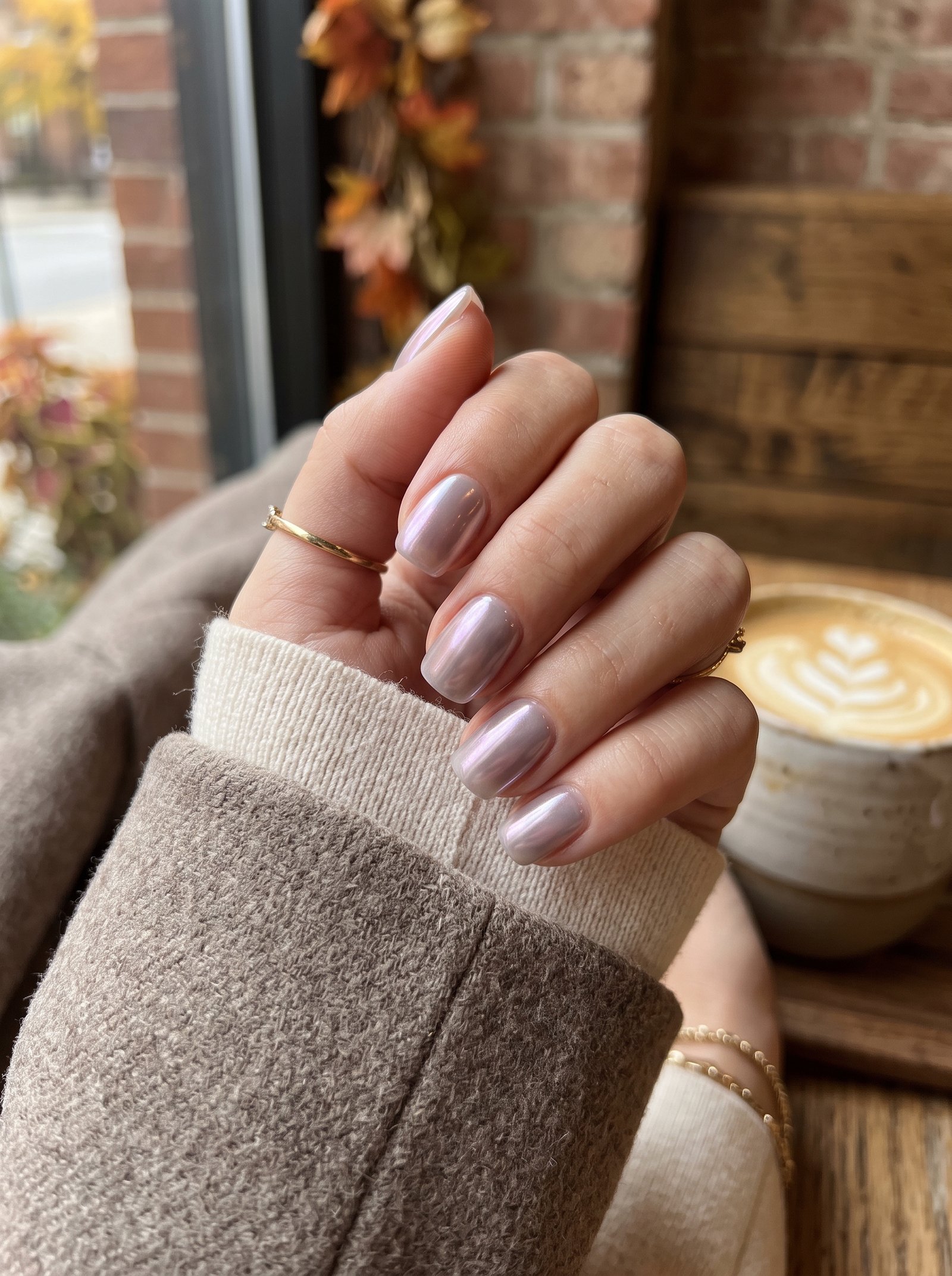 Sheer ghost rose chrome pearl finish highlighting subtle classy fall nails River North at NailàCarte.