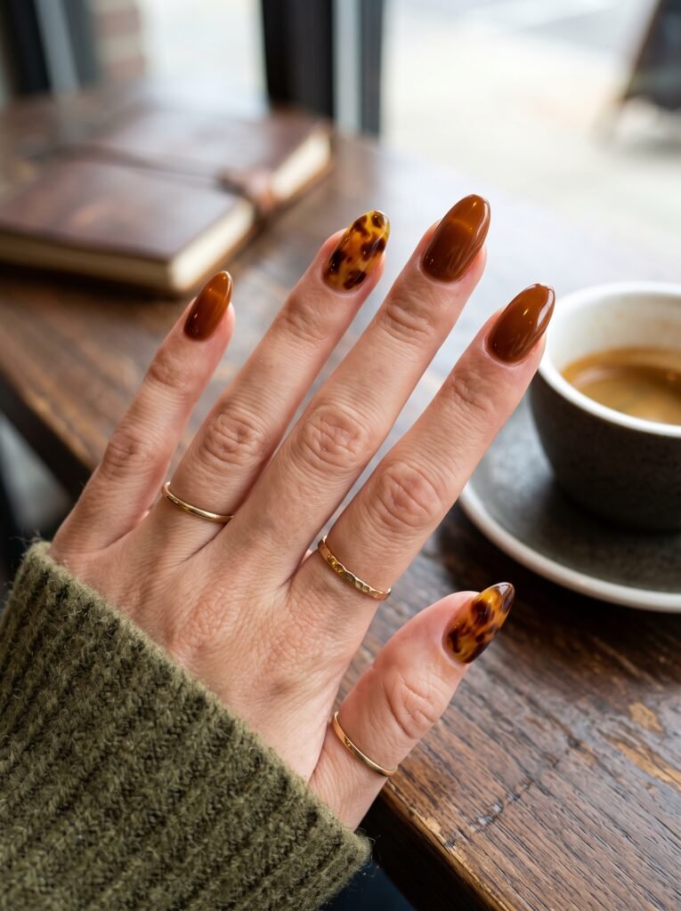 Glass-like rich amber tortoiseshell accent nail art highlighting artistic fall nail designs 2026.