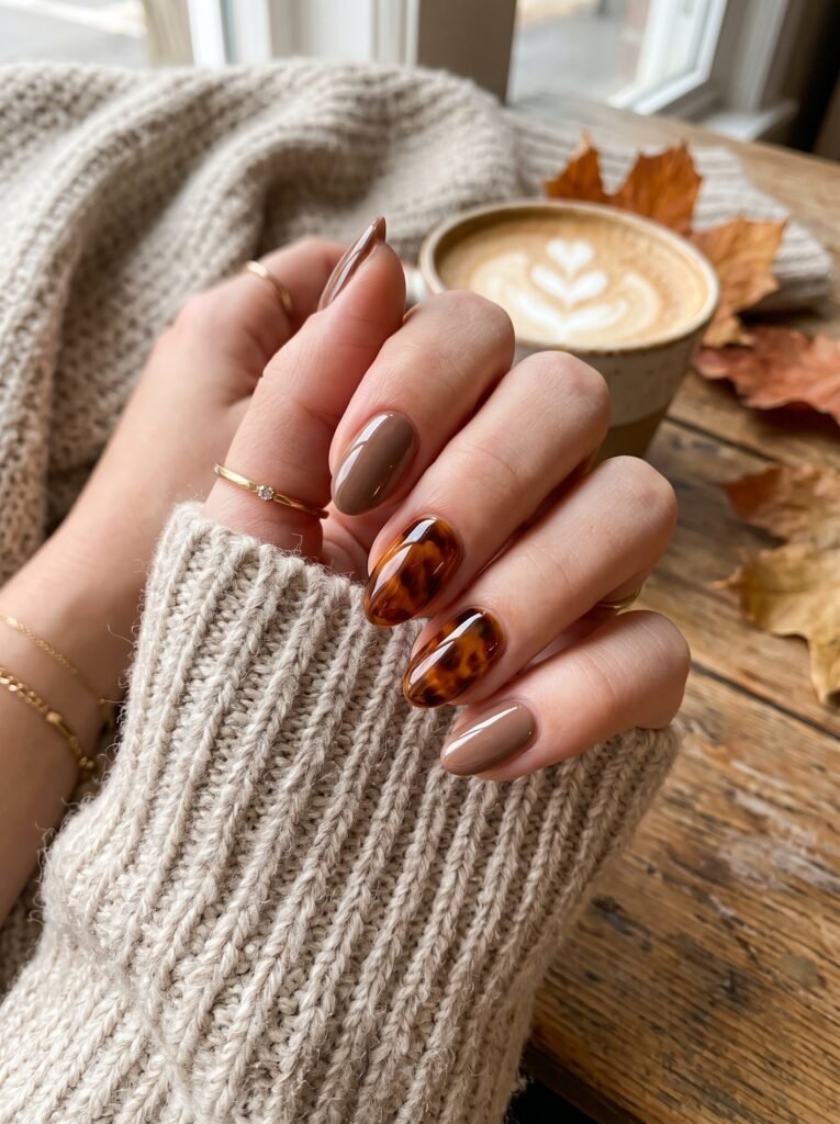 Minimalist amber tortoiseshell accent nail art showcasing refined classy fall nails River North.