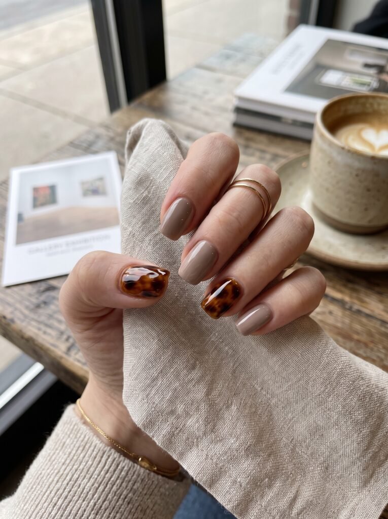 Minimalist amber tortoiseshell accent nail art showcasing chic fall nail designs Wicker Park at NailàCarte.