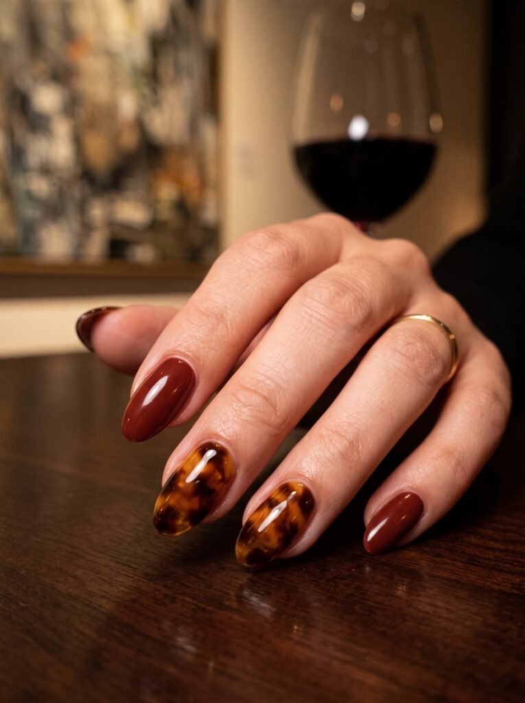 Glass-like rich amber tortoiseshell accent nail art highlighting artistic nail fall colors at NailàCarte.