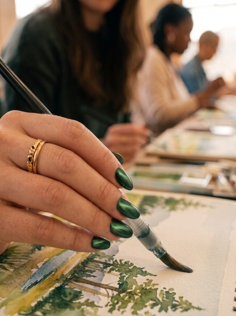 Velvet magnetic pine green cat-eye gel polish showcasing dynamic fall nail colors west loop.