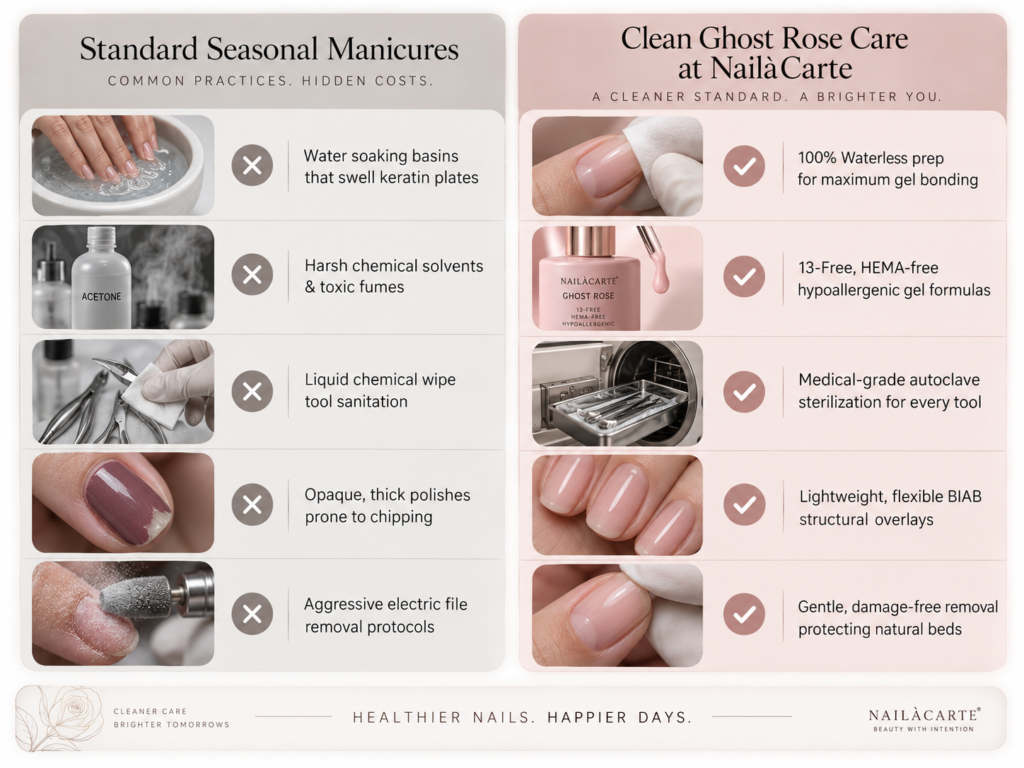 Waterless manicure preparation for ghost rose nail color autumn BIAB overlay at NailàCarte.