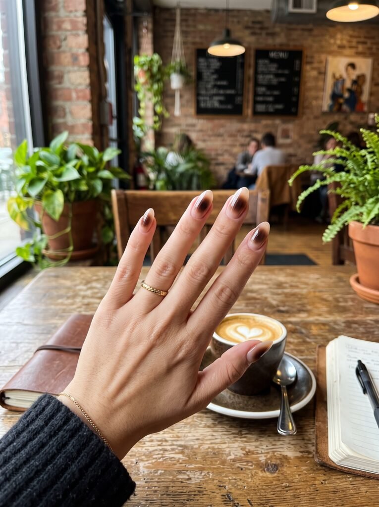 Velvet matte forest green base with 3D liquid molten gold accents for minimalist fall nail art Wicker Park.