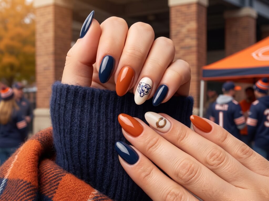 Minimalist navy line-art bear silhouette accent on translucent BIAB for Chicago Bears nail designs.