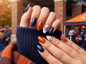 Minimalist navy line-art bear silhouette accent on translucent BIAB for Chicago Bears nail designs.