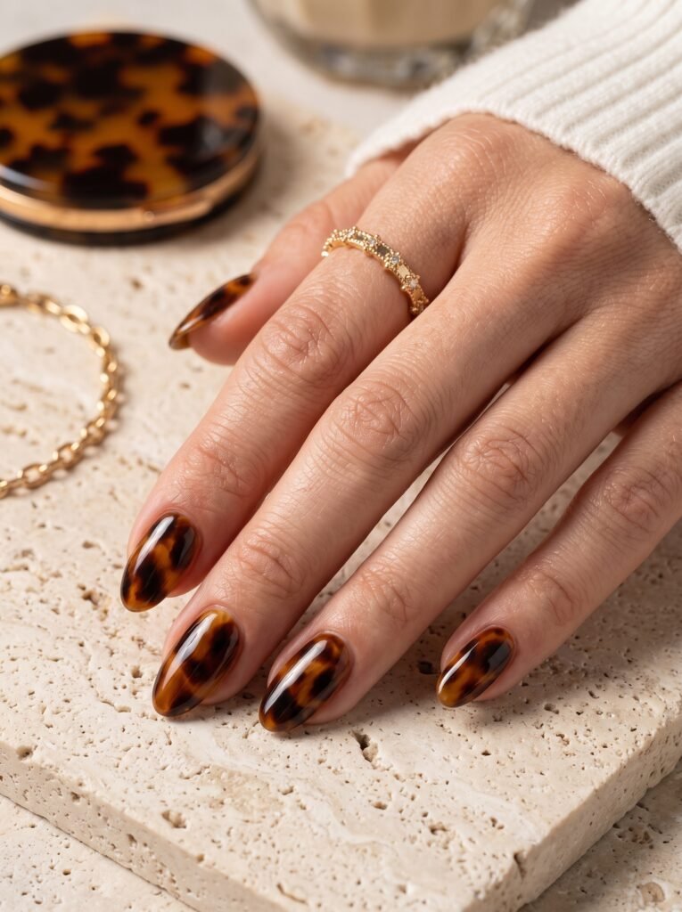 Minimalist tortoiseshell and warm amber accent nail art at NailàCarte Gold Coast.