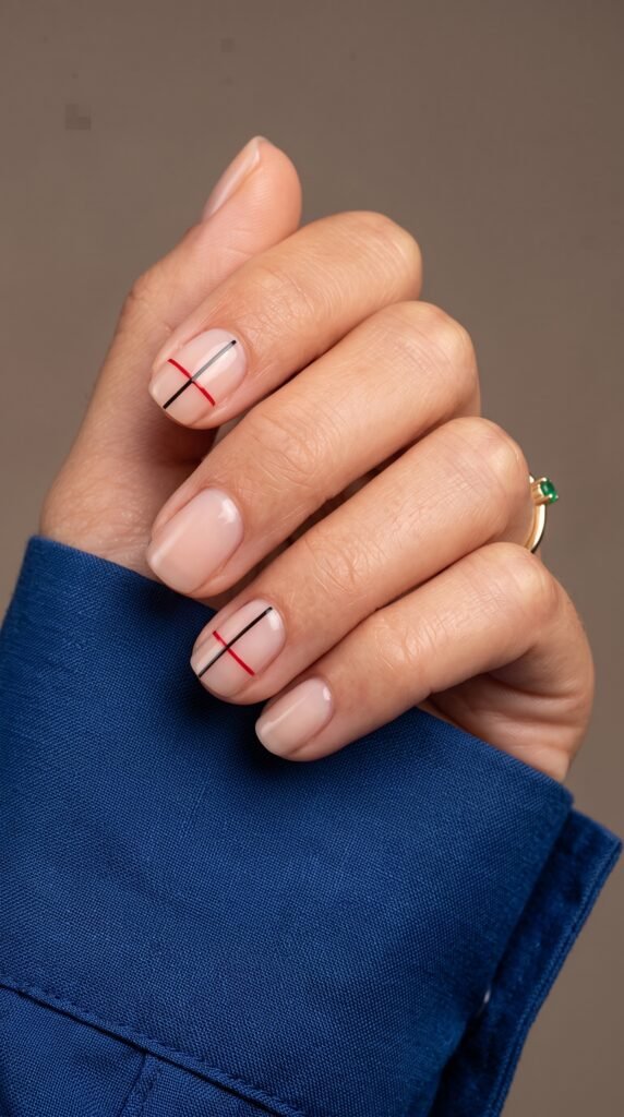 Hand-painted micro-geometric line art on sheer base highlighting minimalist nail art gold coast.