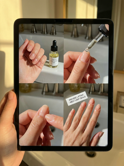 Daily cuticle oil application to preserve a long lasting gel manicure West Loop finish at home.