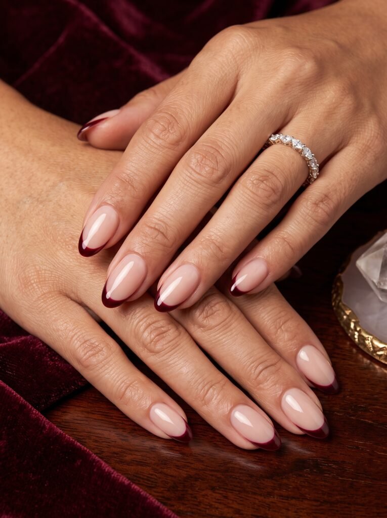 Ultra-thin deep espresso micro-French tips showcasing minimalist fall nail designs at NailàCarte.