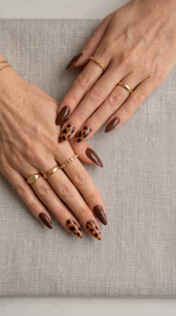 Glass-like rich amber tortoiseshell accent nail art highlighting artistic fall nail designs.