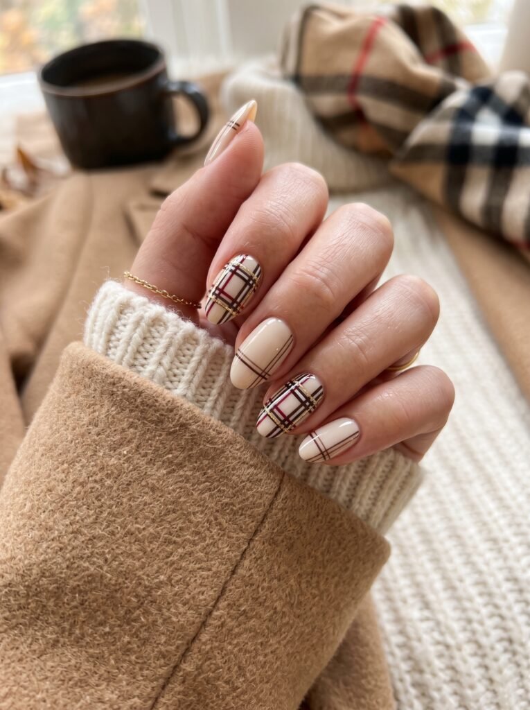 Hand-painted Burberry plaid on creamy oat-milk short almond Gel-X nails, a cozy gel-x nails Gold Coast selection.