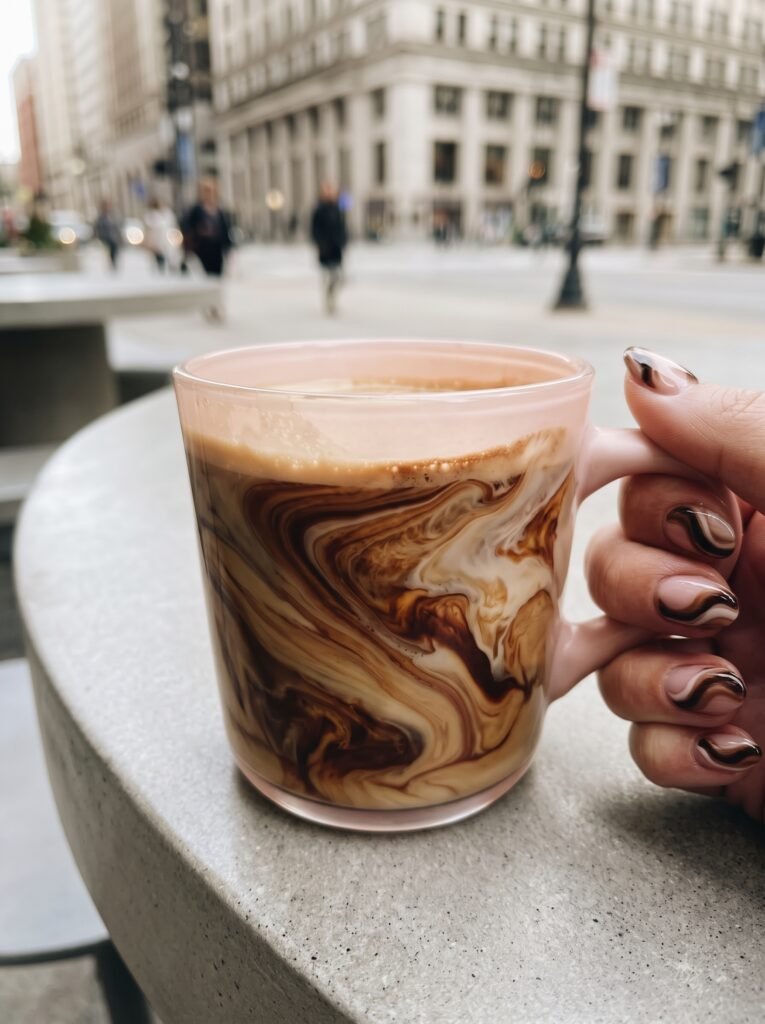 Cacao & Mocha Swirls on translucent blush canvas featuring good fall nail colors in Streeterville at NailàCarte.