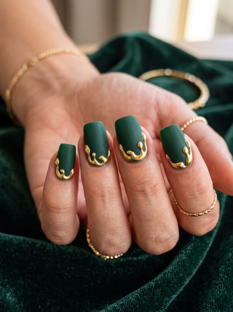 Velvet matte forest green and 3D liquid gold squoval Gel-X nails, highlighting gel-x nails Gold Coast artistry at NailàCarte.