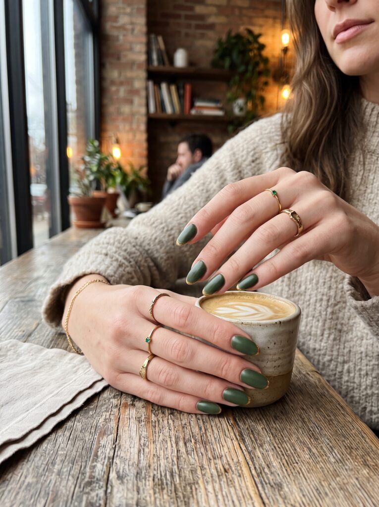 Earthy forest matcha green nails with ultra-fine antique gold leaf micro-tips, an artistic Wicker Park look.