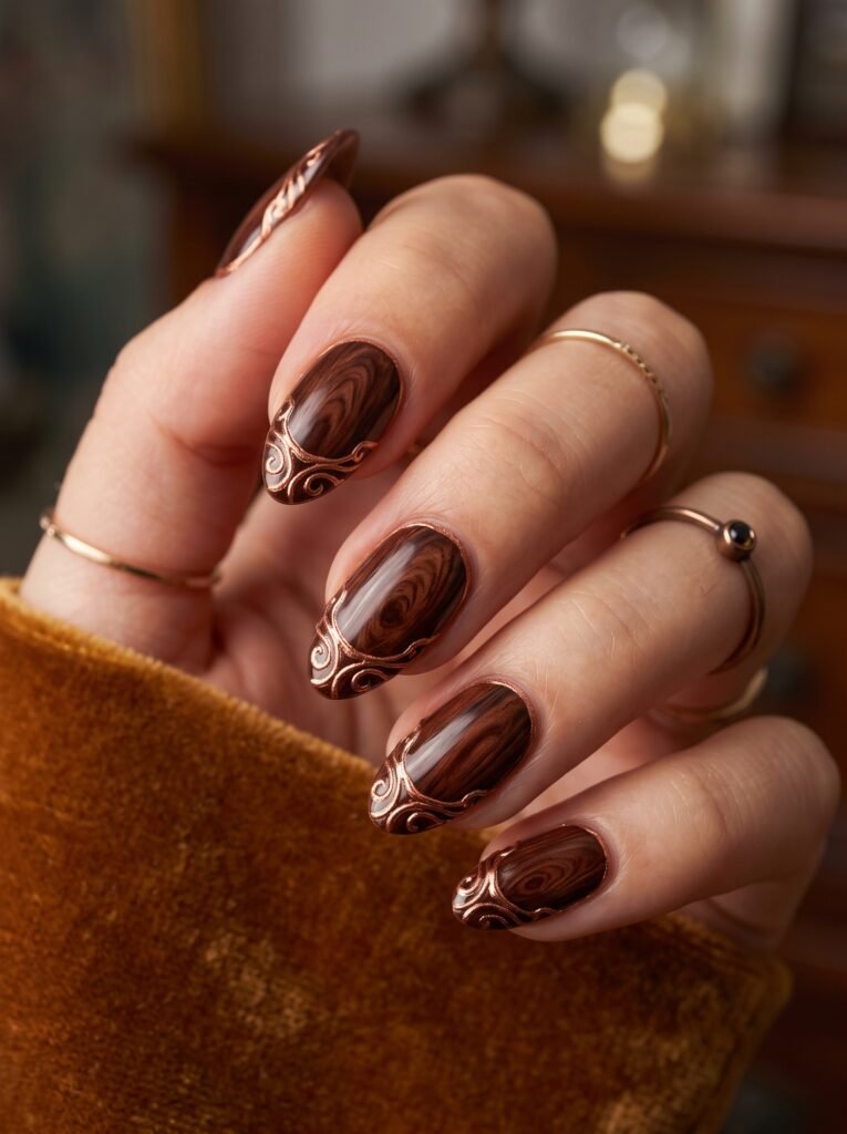 Rich mahogany woodgrain nails with 3D liquid copper filigree, an elegant fall look in Wicker Park.