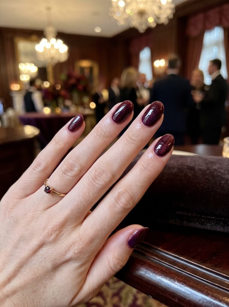 Dark plum and cherry cola high-gloss dip powder manicure featuring deep vampy tones.