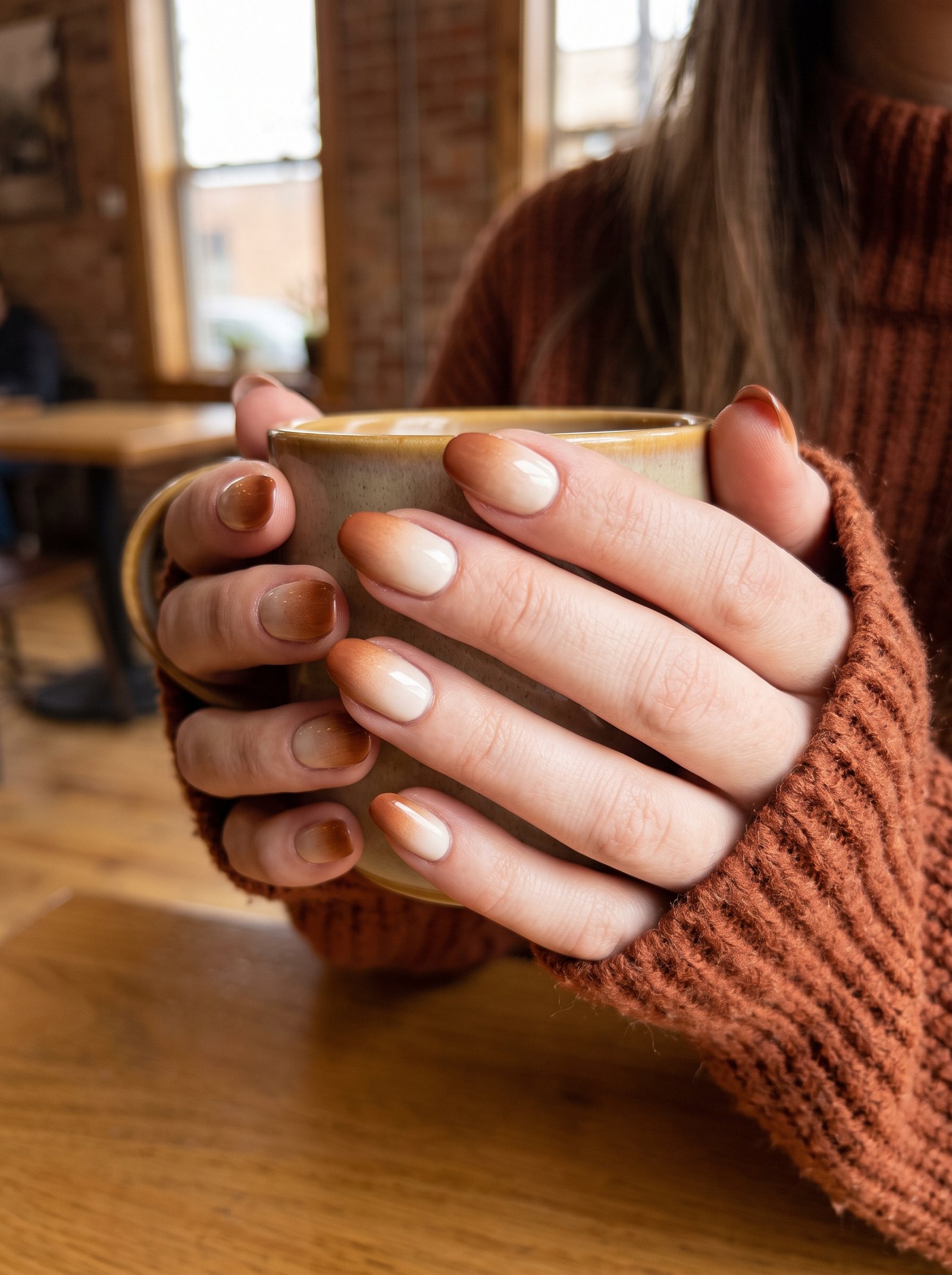 Spiced chai ombré nails blending creamy oat-milk to warm cinnamon brown in Wicker Park.