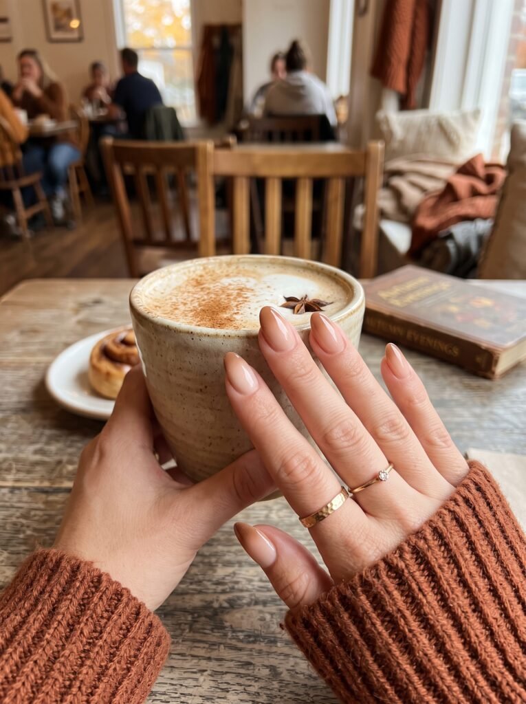 Dip powder ombré transition from creamy oat-milk to warm spiced-chai brown.